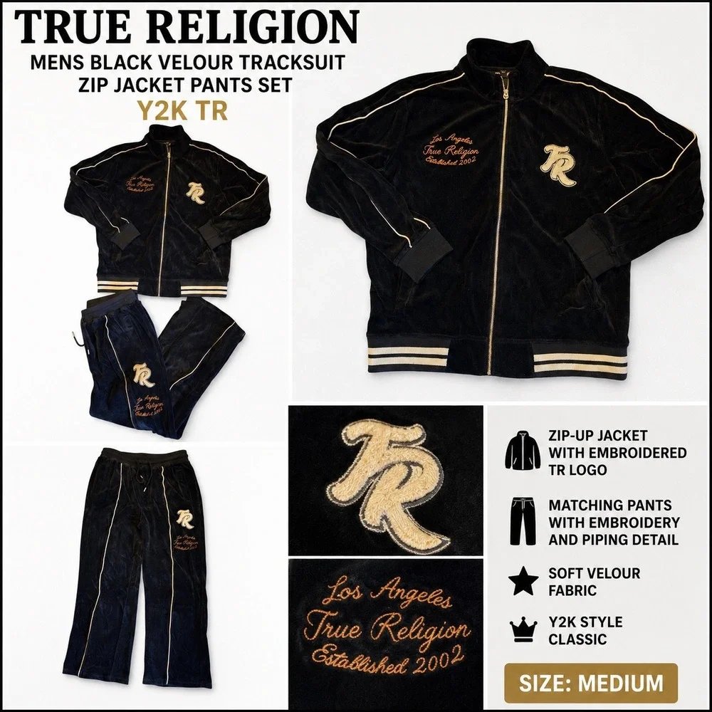 True Religion Mens Black Velour Tracksuit Set Medium Y2K Zip Jacket Pants TR